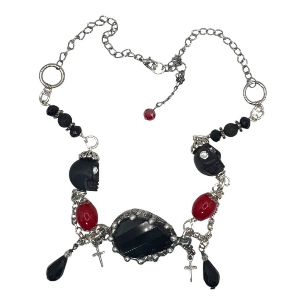 Dark Romance Gothic Necklace: Faceted Black Onyx Pendant w Skull & Cross Charms - Picture 9 of 13